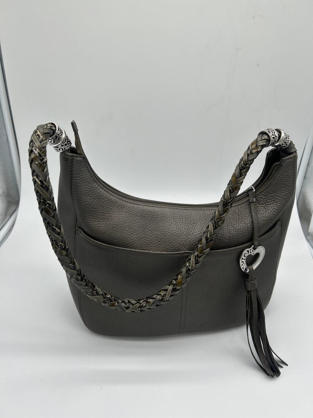 Brighton Barbados Pebbled Leather Hobo Shoulder Bag Braided Strap Tassel Charm